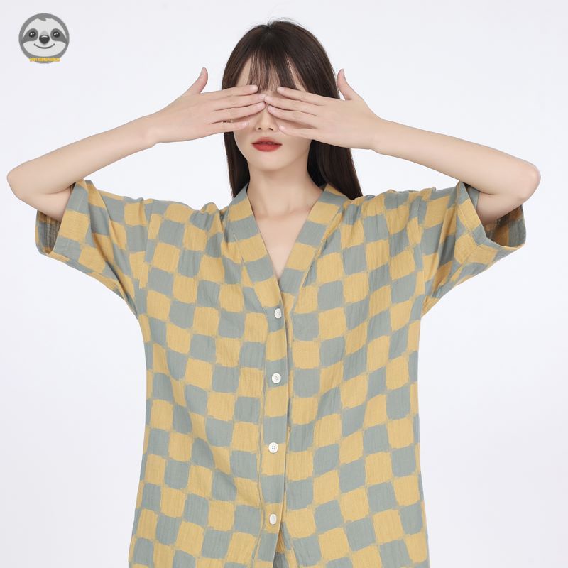 Phong Cách muji Phong Cách Nhật Bản / Đồ Ngủ Nữ Kẻ Caro / Đồ Ngủ Ba Tay Lỡ / Sợi cotton Hai Lớp