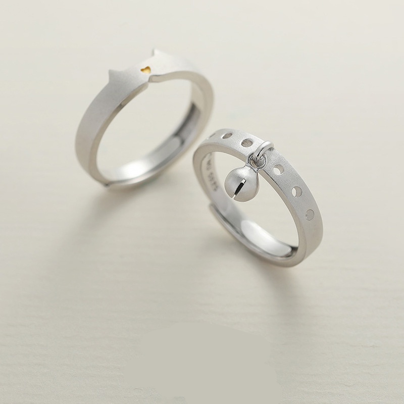 S925 Bạc Mèo Tai Chuông Cặp Đôi Nhẫn Dễ Thương Mở Đầu Có Thể Điều Chỉnh Nam Nữ Cặp Đôi Nhẫn