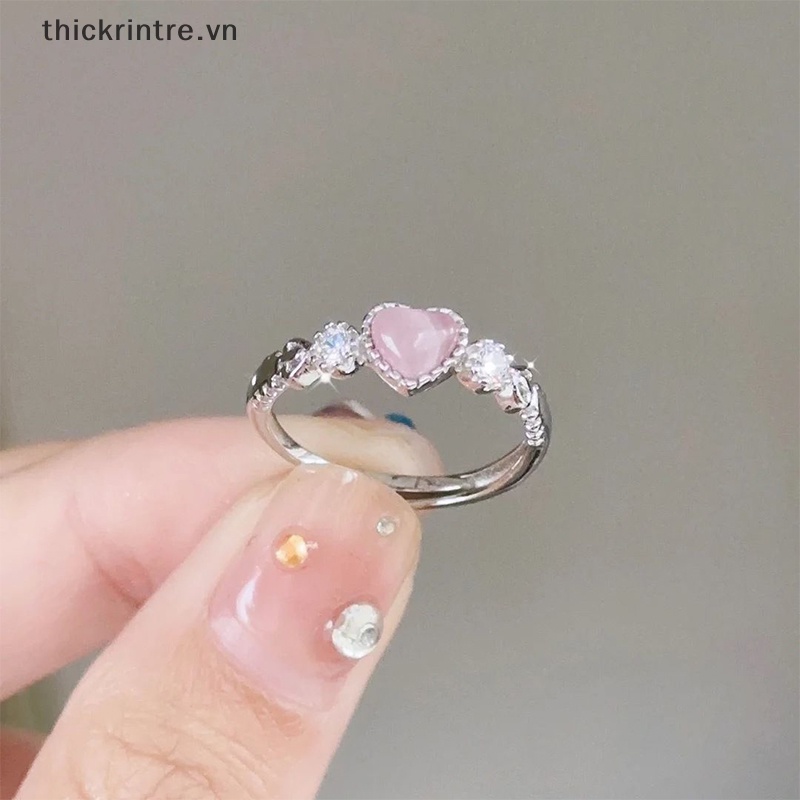 Nhẫn Bạc Đính Đá Opal Hình Trái Tim Màu Hồng Phong Cách Punk Dễ Thương Cho Nữ