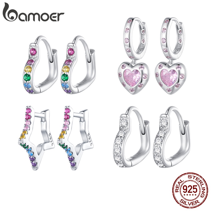 Bamoer Bông Tai Bạc 925 Hình Ngôi Sao / Trái Tim Nhiều Màu Sắc Thời Trang Cho Nữ