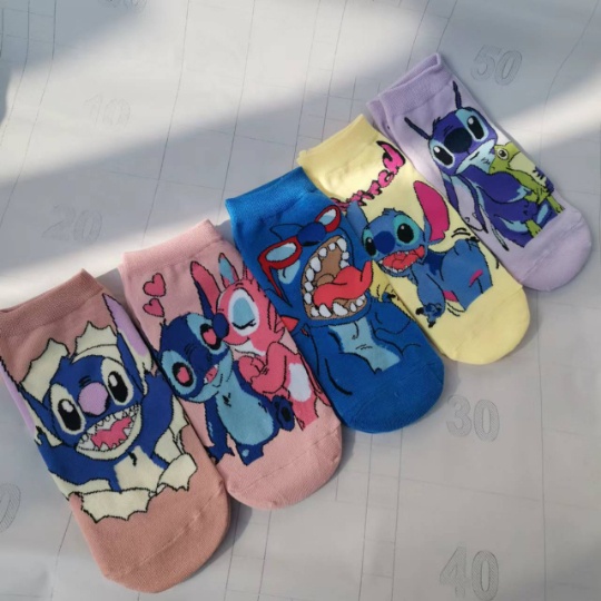 Set 1 / 5 Đôi Vớ Thể Thao In Họa Tiết Hoạt Hình Disney Stitch Thiên Thần Đáng Yêu Thời Trang Unisex