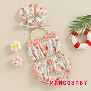 Mgg-bộ đồ bơi ba mảnh cho bé gái, Bộ Bikini dây in hoa Bộ đồ tắm có mũ bơi