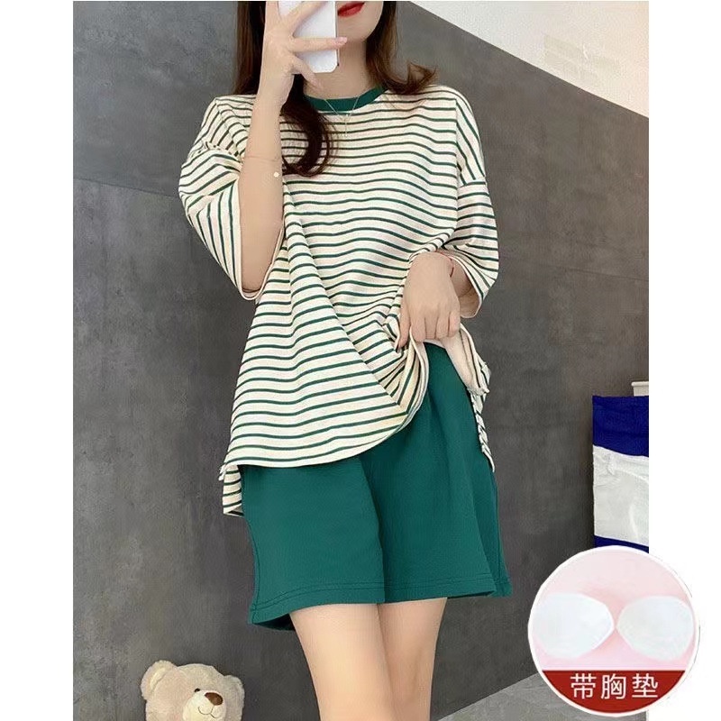 Váy Ngủ	Pyjama Bộ Đồ Ngủ Áo Tay Ngắn Cổ Tròn Có Đệm Ngực Và Quần Short Họa Tiết Kẻ Sọc Dành Cho Nữ [luyoo32]