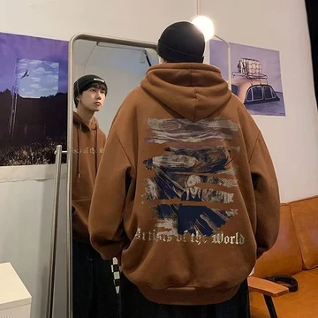 [M-8XL] Áo hoodie nam cỡ lớn màu nâu Áo nỉ nam Hàn Quốc High Street Hip Hop Áo hoodie thời trang dáng rộng in hình cặp đôi Áo hoodie trang phục