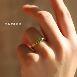 Nguyên bản phong cách cung điện tự nhiên ngọc bích hetian phương pháp cổ xưa mạ vàng 18k nhẫn nữ trang sức retro