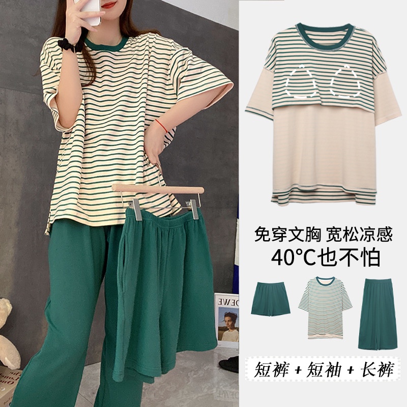 Váy Ngủ	Pyjama Bộ Đồ Ngủ Áo Tay Ngắn Cổ Tròn Có Đệm Ngực Và Quần Short Họa Tiết Kẻ Sọc Dành Cho Nữ [luyoo32]