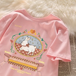 HIIXIIVI Áo Thun Cotton Tay Ngắn Dáng Rộng In Họa Tiết Hoạt Hình Phong Cách Hàn Quốc Thời Trang Mùa Hè