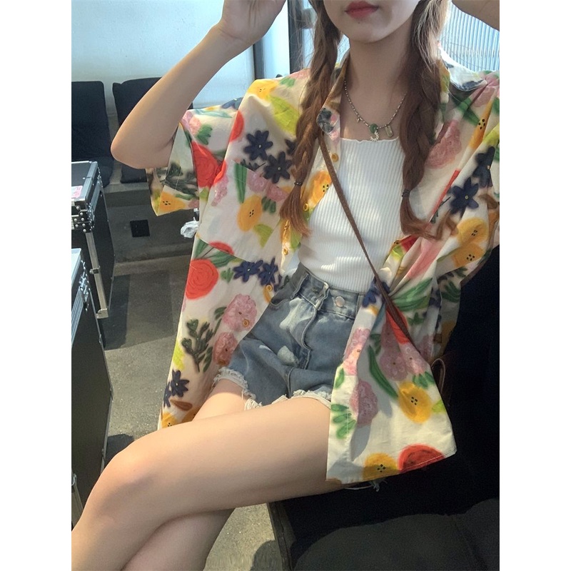 SUXI Áo Sơ Mi Hoa Mỏng Ngắn Tay Dáng Rộng Thời Trang Hè Sành Điệu