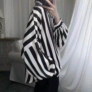 Áo Sơ Mi Tay Dài Dáng Rộng Họa Tiết Kẻ Sọc Thời Trang Hàn Quốc Cho Nam Nữ