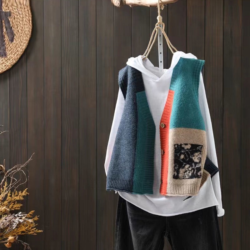 Plus Size Dệt Kim Áo Vest Nữ Cổ Chữ V Không Tay Ve Áo Lớp Phủ Retro