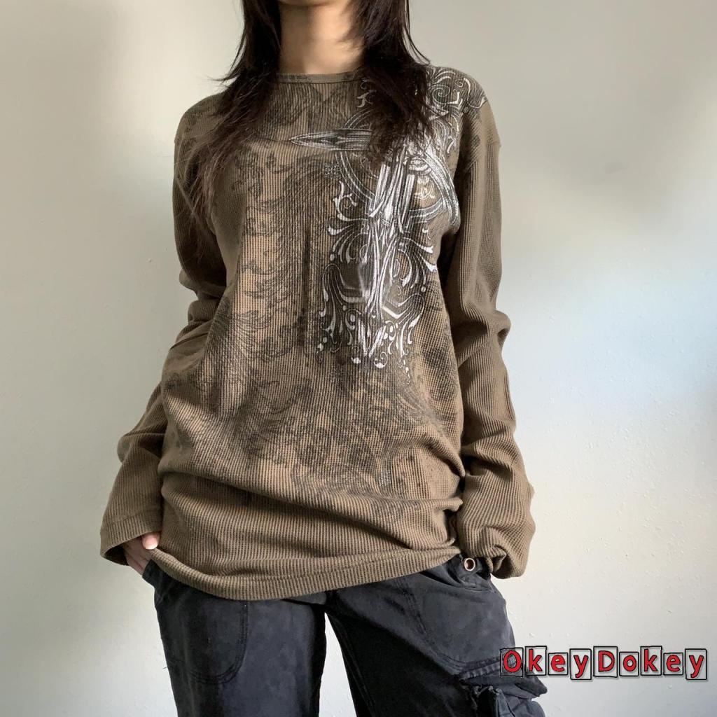 Áo Thun Nữ Tay Dài Cổ Tròn In Hình Thánh Giá Phong Cách gothic Thời Trang okdk-y2k