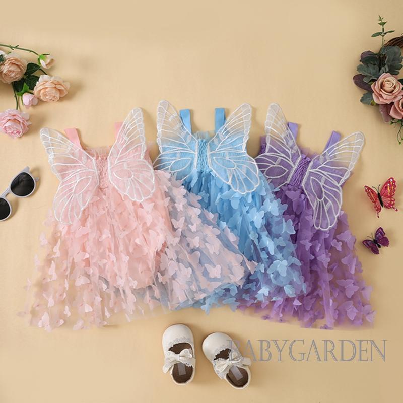 Đầm Xòe Chữ A Không Tay Vải Tuyn Đính Cánh Bướm Xếp Ly Màu Xanh Dương / Tím / Hồng Cho Bé Gái 0-24 Tháng Tuổi