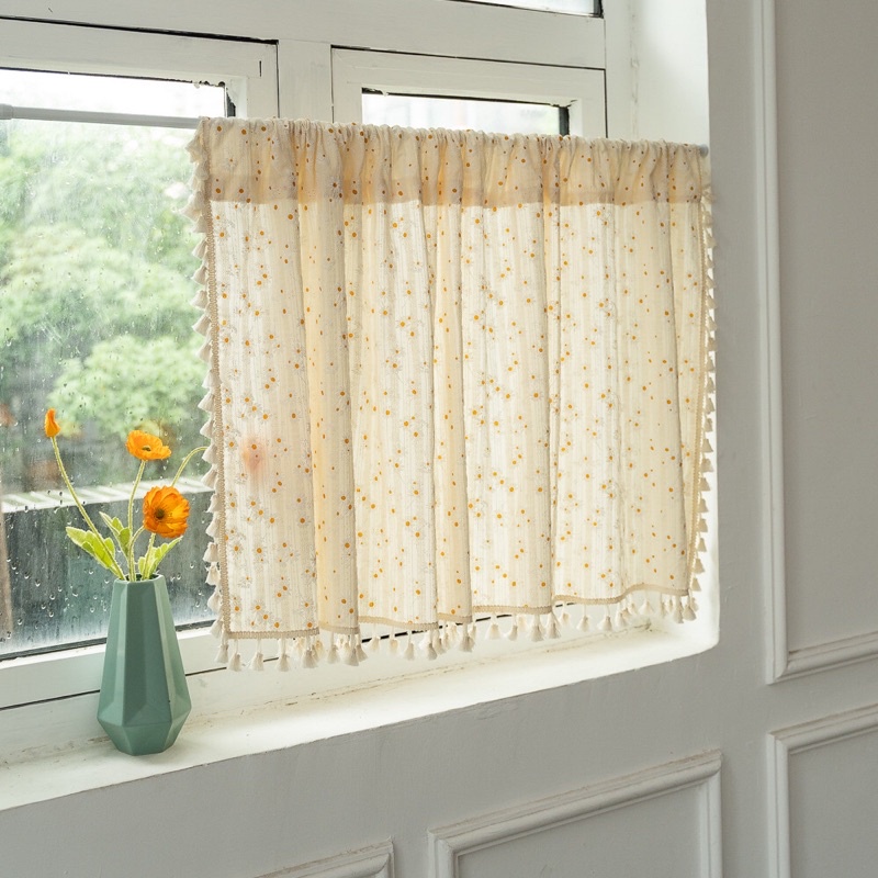 Rèm cửa, rèm che kệ bếp daisy hoa cúc viền tua rua, chống nắng cao cấp ...