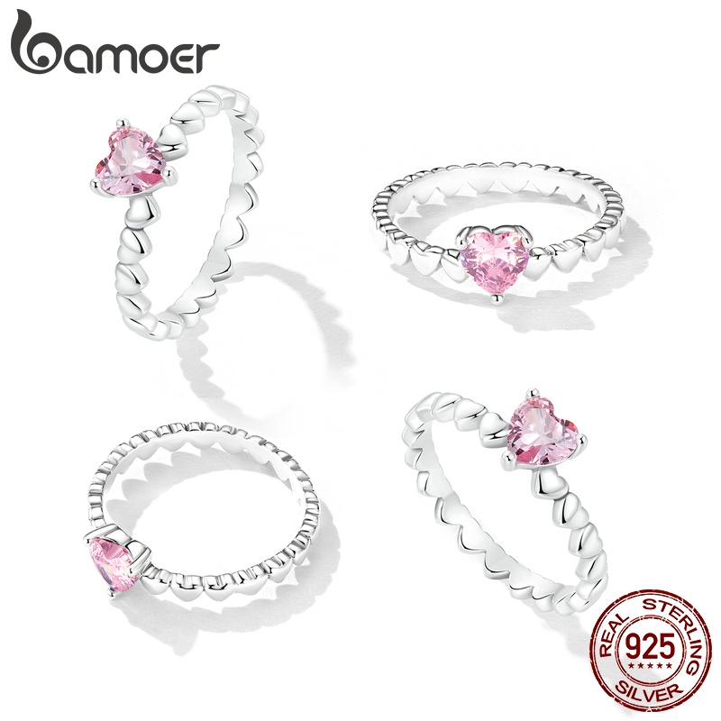 Bamoer Bạc 925 Nhẫn Zircon Hồng Trang Sức Thời Trang Cho Nữ Quà Tặng Sinh Nhật