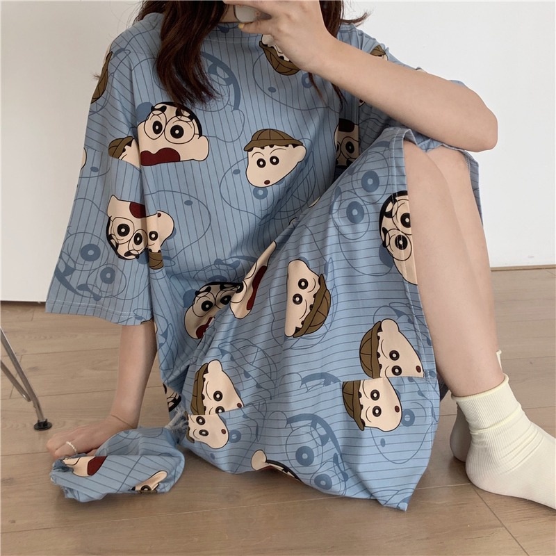 Đầm ngủ Lff0808 tay lỡ form rộng in hoạt hình dễ thương phong cách Hàn Quốc thời trang xuân thu cho nữ