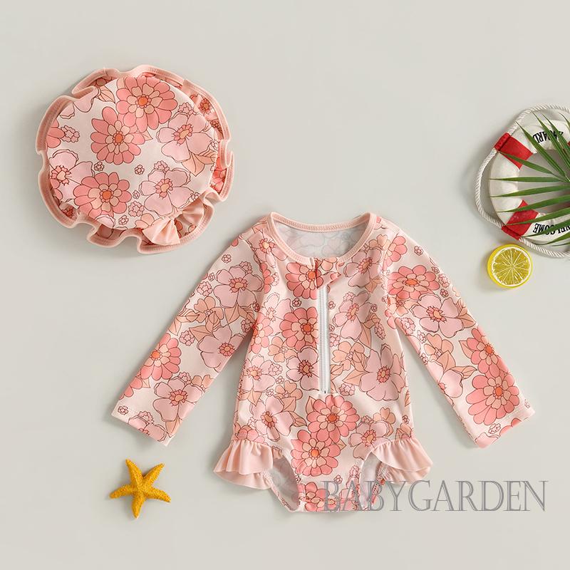 Bộ Đồ Bơi + Mũ Chống Nắng Tay Dài In Họa Tiết Dâu Tây Dễ Thương Cho Bé Gái 6 Tháng-3 Tuổi