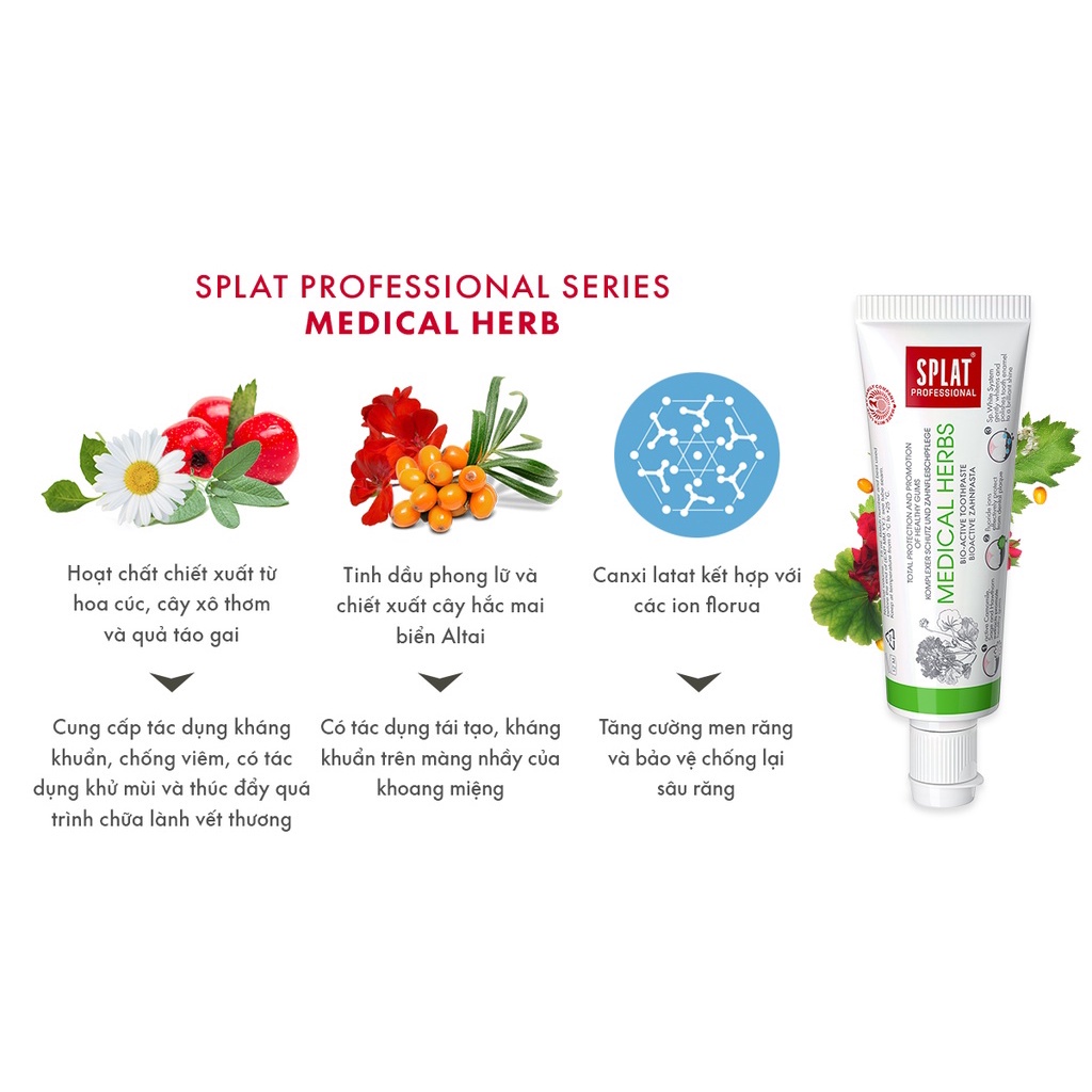 Mô tả Kem Đánh Răng SPLAT Medical Herbs Professional series chứa nhiều tinh chất bảo vệ nướu và đánh bóng men răng 20ml. - 2