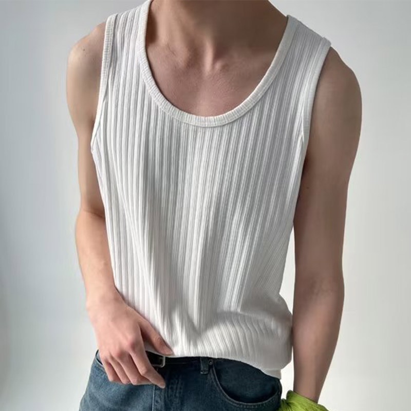ThaliaWisp Áo vest nam phiên bản Hàn Quốc của áo thun cotton không tay cơ bản mùa hè đơn giản màu trơn sọc hố dày phù hợp hàng đầu dệt kim