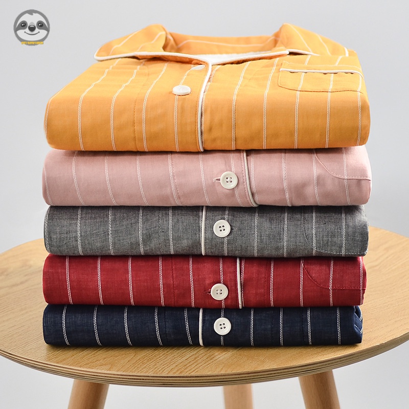 Bộ Đồ Ngủ Pijama Hai Lớp / Quần Dài Bằng Vải cotton Kẻ Sọc Dọc Phong Cách muji Nhật Bản Dành Cho Cặp Đôi / Nam Nữ