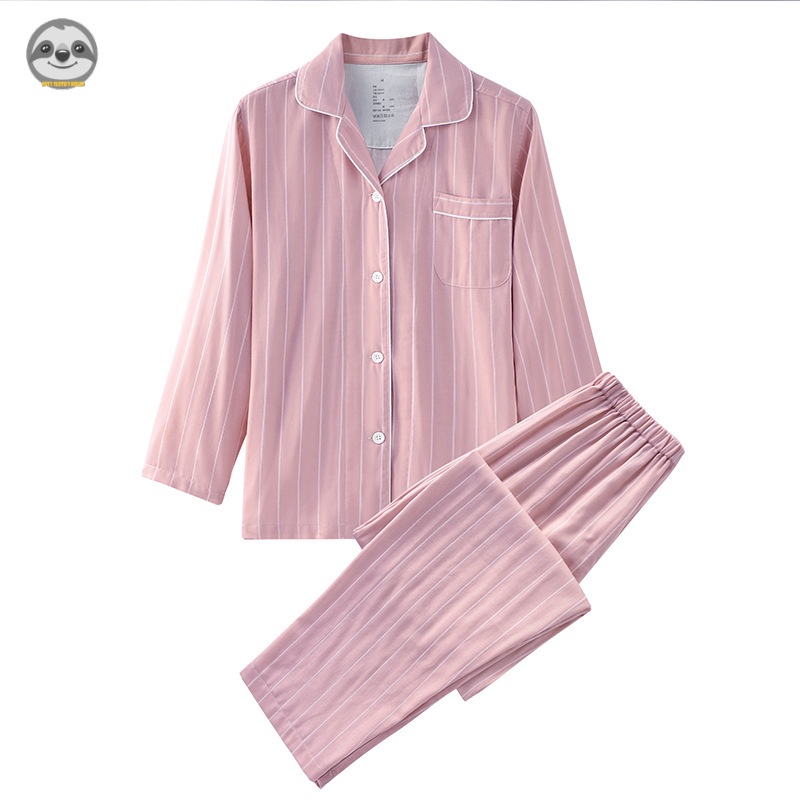Bộ Đồ Ngủ Pijama Hai Lớp / Quần Dài Bằng Vải cotton Kẻ Sọc Dọc Phong Cách muji Nhật Bản Dành Cho Cặp Đôi / Nam Nữ