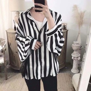 Áo Sơ Mi Tay Dài Dáng Rộng Họa Tiết Kẻ Sọc Thời Trang Hàn Quốc Cho Nam Nữ