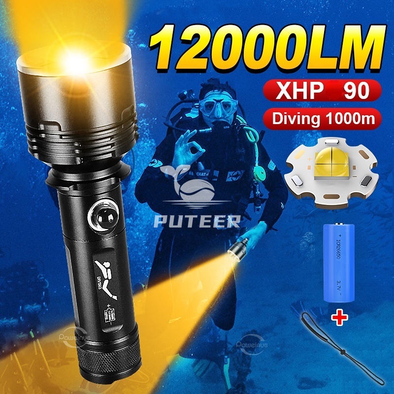 Đèn pin lặn siêu sáng 12000LM, ánh sáng vàng, sạc được, chống thấm nước IPX8, dùng cho lặn và câu cá dưới nước tới 100m