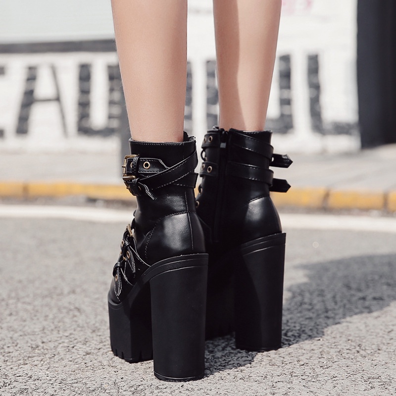 Châu Âu Mỹ Gợi Cảm Hộp Đêm Đế Dày Martin Boots Nữ Cao Gót Chống Thấm Nước Nền Tảng Khóa Thắt Lưng Giày Bốt Ngắn
