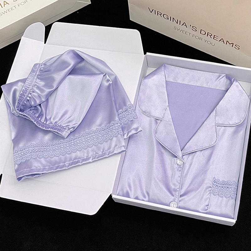Váy Ngủ	Pyjama Bộ Đồ Ngủ Vải Lụa Lạnh Mỏng Tay Ngắn Màu Trơn Thời Trang Mùa Hè Cho Nữ [luyoo32]