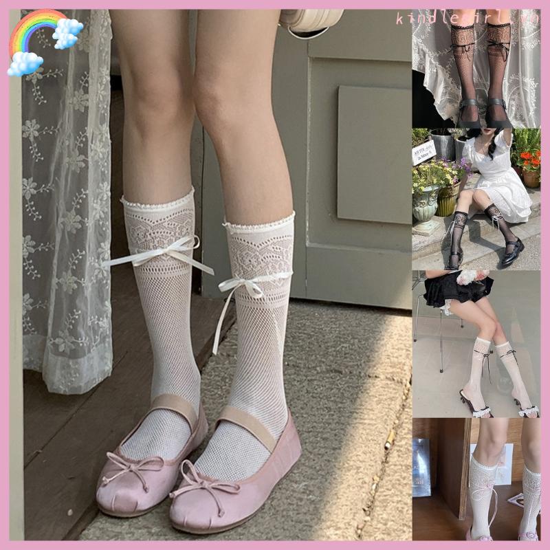 King summer hollow-out lace calf socks sweet bowknot student girl stockings for women