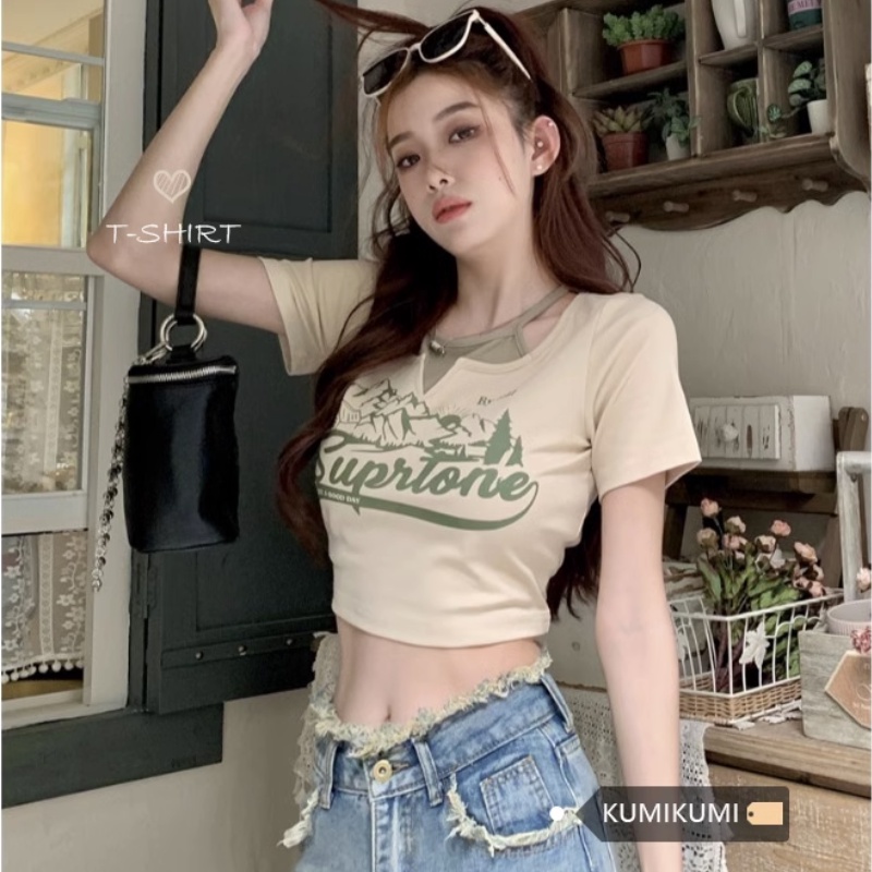 Bh American Spice Áo thun crop cổ cotton nữ tay ngắn giả hai mảnh