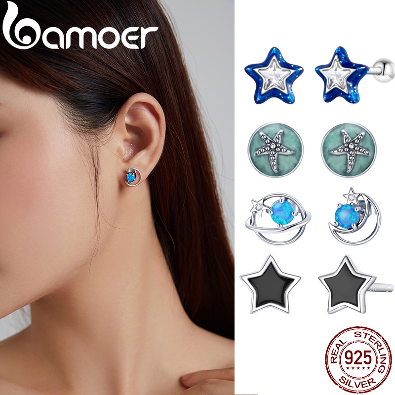 Bamoer Bạc 925 Cặp Bông Tai Ngôi Sao Đơn Giản Bông Tai Trang Sức Thời Trang Quà Tặng Cho Nữ
