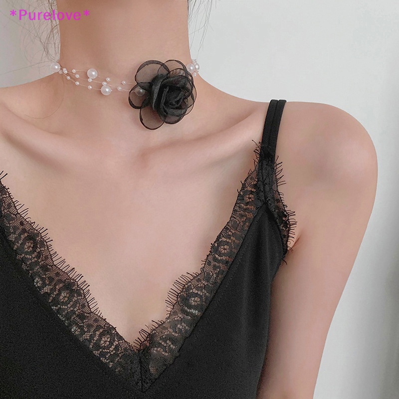 Vòng Cổ Choker Màu Trắng Đen Đính Hoa Và Ngọc Trai Lãng Mạn Thời Trang Mùa Hè Mới