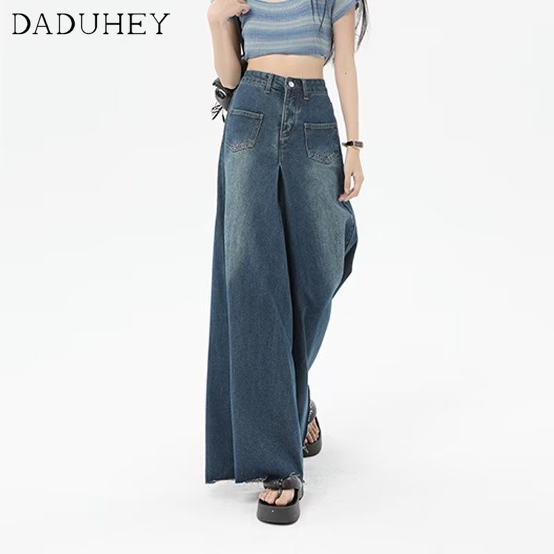 Ảnh DaDuHey New Korean Version of Ins Raw Edge Jeans Women's High Waist Loose Wide Leg Pants Large Size Trousers 2