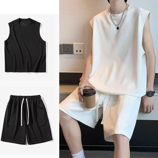 Set Áo Thun Không Tay Màu Trơn Và Quần Short Thời Trang Harajuku Cho Nam