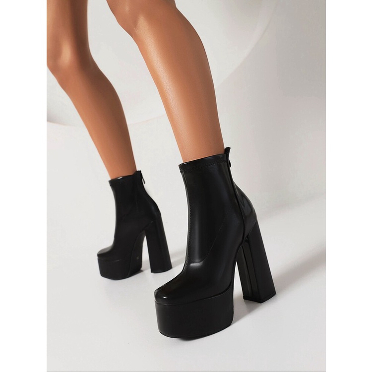 Giày Bốt Cao Gót Cổ Ngắn Chất Liệu Da Bóng Dày Dặn Thời Trang Thu Đông Quyến Rũ Cho Nữ Size 34-43