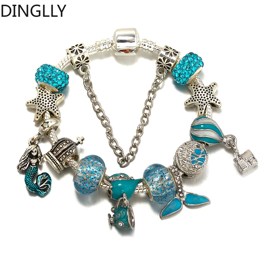 Vòng Tay Hạt Charm Đuôi Cá Màu Bạc / Ấm Trà / Bong Bóng Màu Xanh Dương DINGLLY Cho Nữ