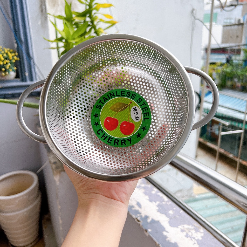Rổ Inox CHERRY Tròn 2 QUAI, Rổ Inox 201 Không Gỉ Lỗ Lưới Dày Dùng Vo ...