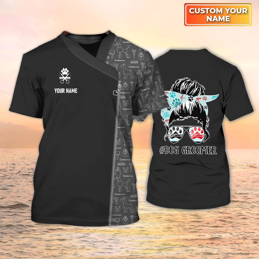 Dog grooming tên cá nhân đồng phục t-shirt pet groomer workwear tees mùa hè thường unisex quần áo quá khổ tay ngắn