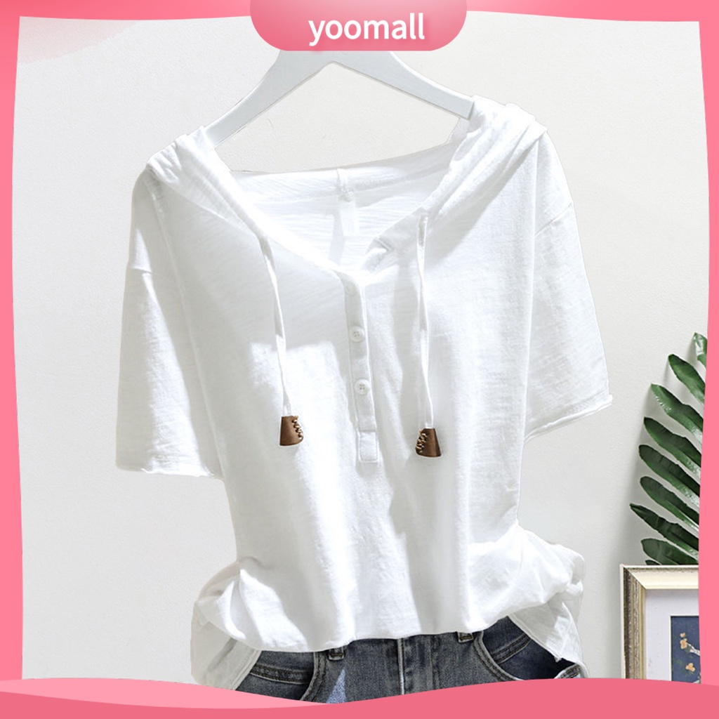[Ym] Áo Hoodie nữ tay ngắn có mũ trùm đầu Dây rút màu trơn dáng rộng mềm mại Áo chui đầu thoáng khí Ladt mùa hè