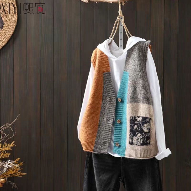 Plus Size Dệt Kim Áo Vest Nữ Cổ Chữ V Không Tay Ve Áo Lớp Phủ Retro