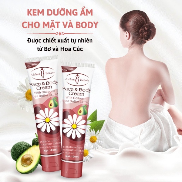 Kem Làm Trắng Da  Body Face & Body Cream 100ml Triết Xuất Từ Hoa Cúc Và Bơ Làm Da Trắng Sáng, Mềm Mịn Da Aichun Beauty