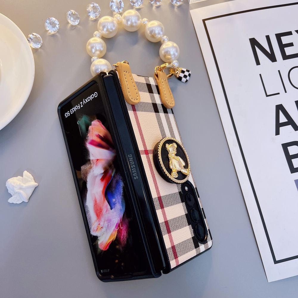 Sang trọng cổ điển họa tiết ca rô Gấp thiết kế đơn giản Vỏ điện thoại cho Samsung Galaxy Z Fold5 Thời trang có dây buộc ngọc trai Thiết kế Vỏ điện thoại cho Z Fold 3 Z Fold4 5G bảo vệ