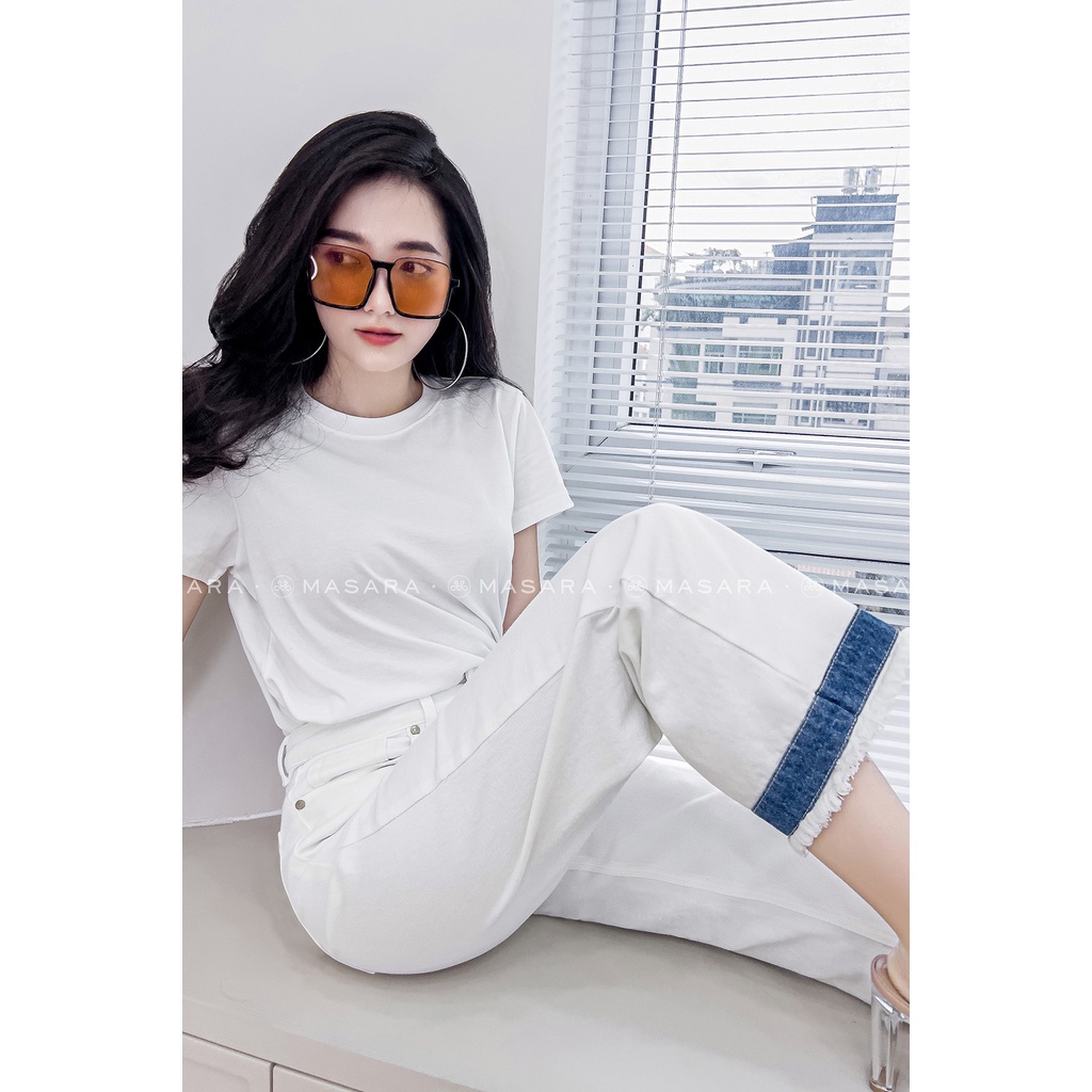 Quần jean MASARA suông trắng phối line xanh