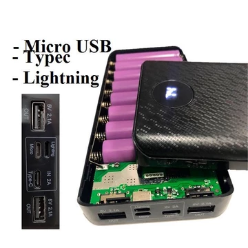 Box sạc dự phòng 8Cell dùng pin sạc 18650 3 đầu vào Light-ning/Ty-pe C/mi-cro U-SB mạch sạc dự phòng mạch sạc pin 18650