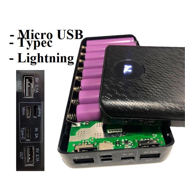 Box sạc dự phòng 8Cell dùng pin sạc 18650 3 đầu vào Light-ning/Ty-pe C/mi-cro U-SB mạch sạc dự phòng mạch sạc pin 18650