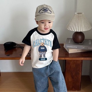 Mùa Hè Trẻ Em Phong Cách Mới Cotton Nguyên Chất Khâu Hoạt Hình Gấu Tay Ngắn Bé Trai Rời Áo Thun Nhỏ Vừa Trẻ Em