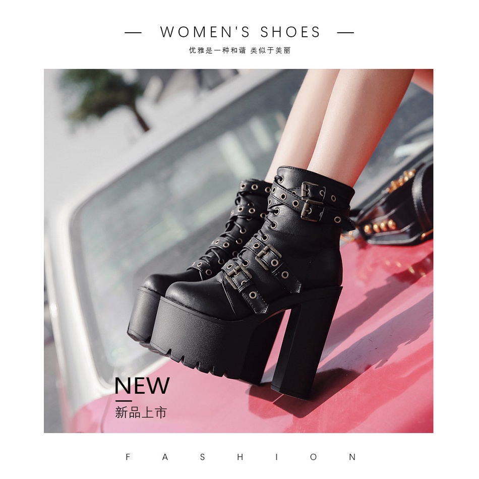Châu Âu Mỹ Gợi Cảm Hộp Đêm Đế Dày Martin Boots Nữ Cao Gót Chống Thấm Nước Nền Tảng Khóa Thắt Lưng Giày Bốt Ngắn