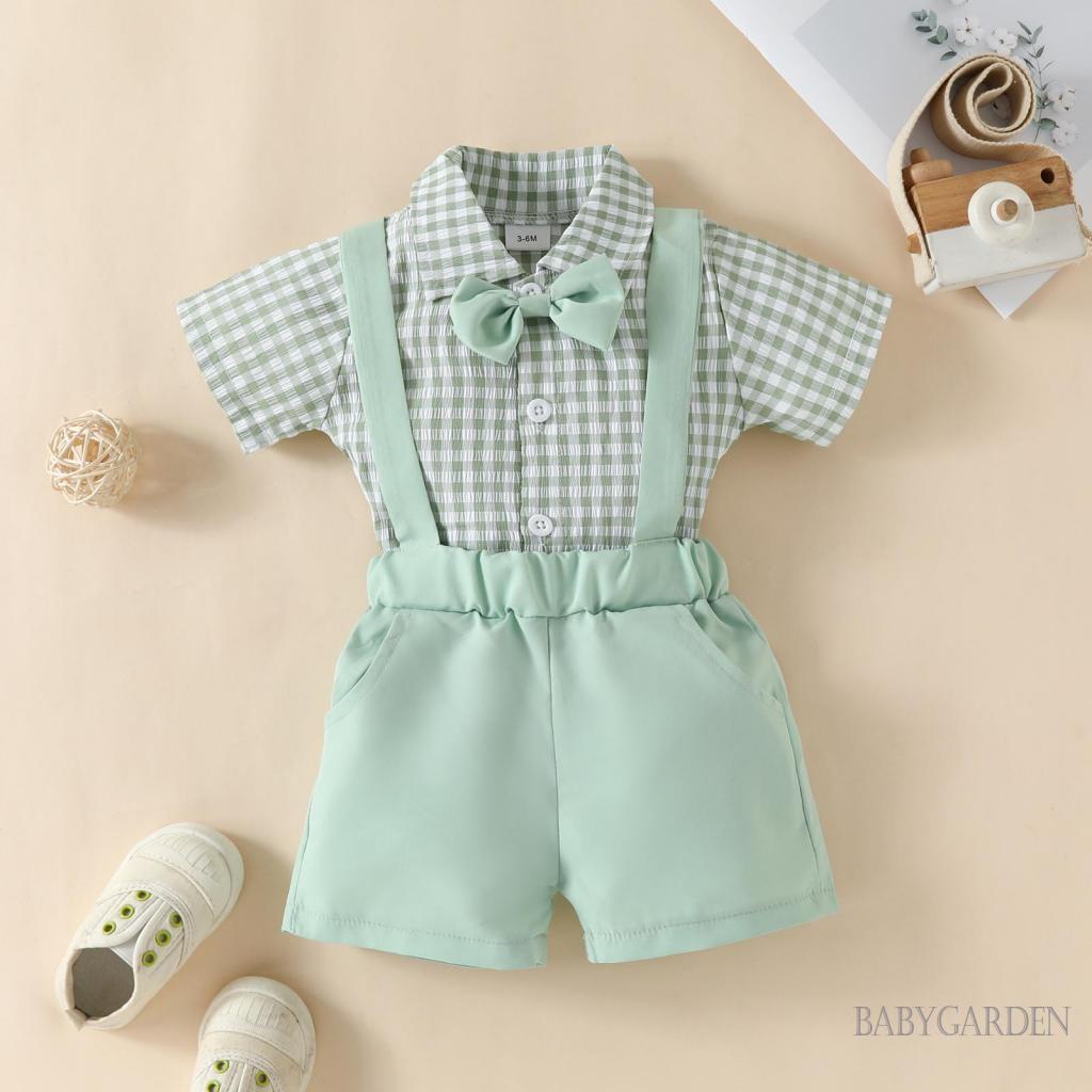 Bộ áo liền quần ngắn tay kẻ sọc sọc và quần Short treo co giãn thông thường