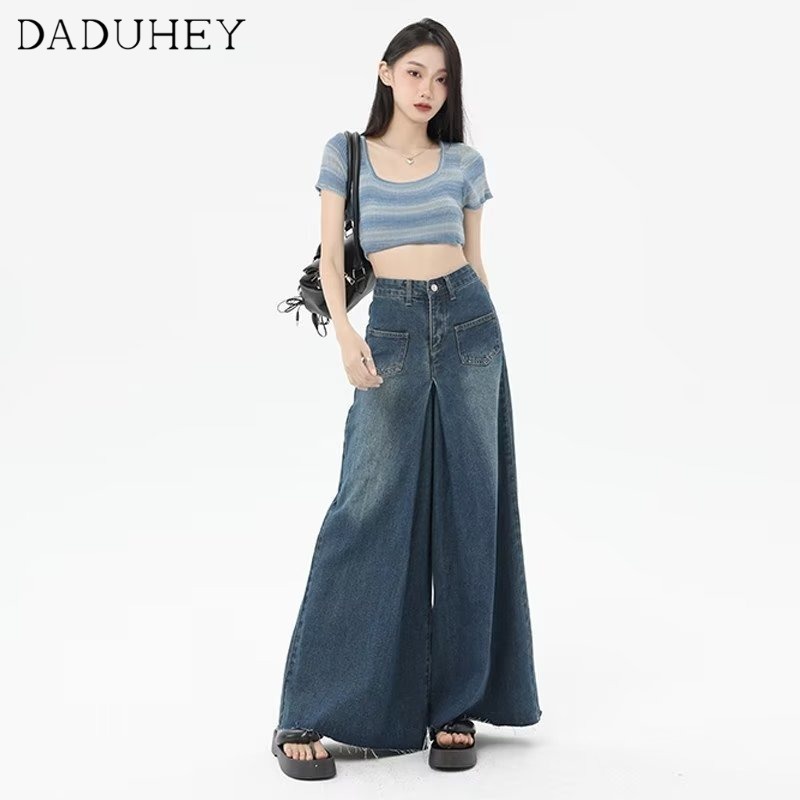 Ảnh DaDuHey New Korean Version of Ins Raw Edge Jeans Women's High Waist Loose Wide Leg Pants Large Size Trousers 3