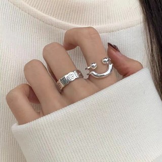 Elegant smooth double-layer nhẫn dự tiệc có thể điều chỉnh phụ nữ màu bạc đơn giản mặt cười mở ngón tay nhẫn kiểu ins hàn quốc đẹp cặp đôi nhẫn cưới trang sức cá tính